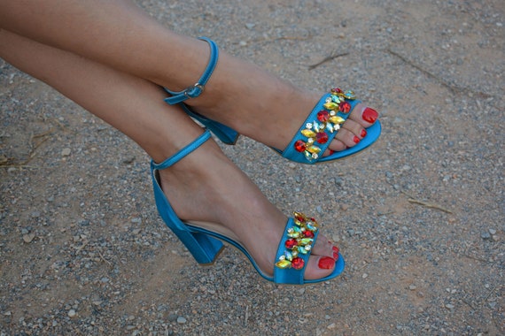 Sandalias de satén azul petróleo sandalias de tacón de | Etsy España