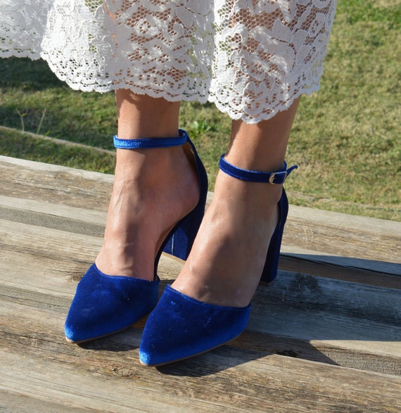 Royal Blue Velvet Block Heels,wedding Heels for Bride Blue, Royal