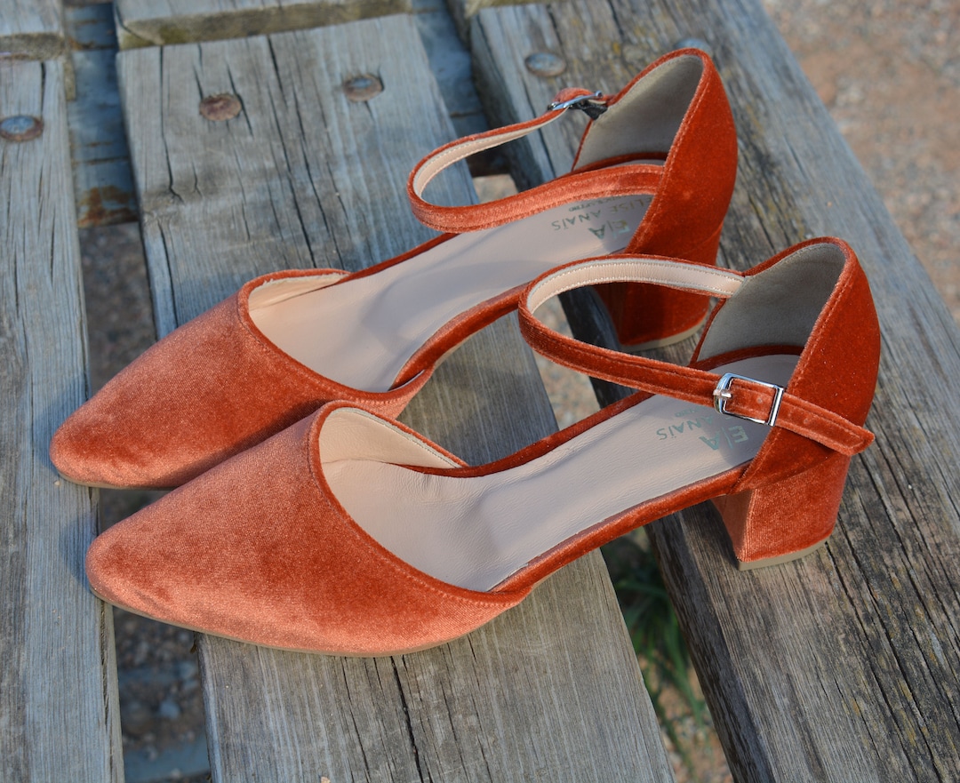 Wedding shoes Copper, Velvet Block Heels Sandals Burnt Orange - Veloudenia
