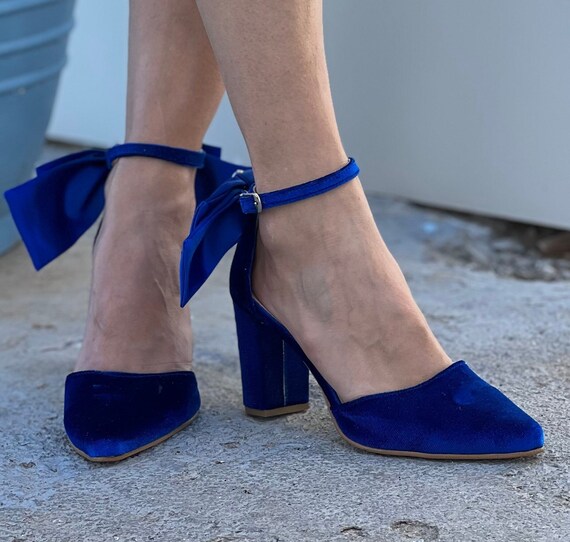 Royal Blue Velvet Block Heels Handmade Satin Bow Heels Royal
