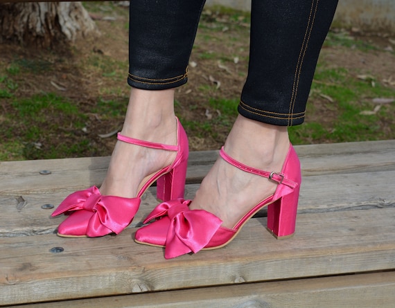 Hot Pink Satin Heels Block Heel 