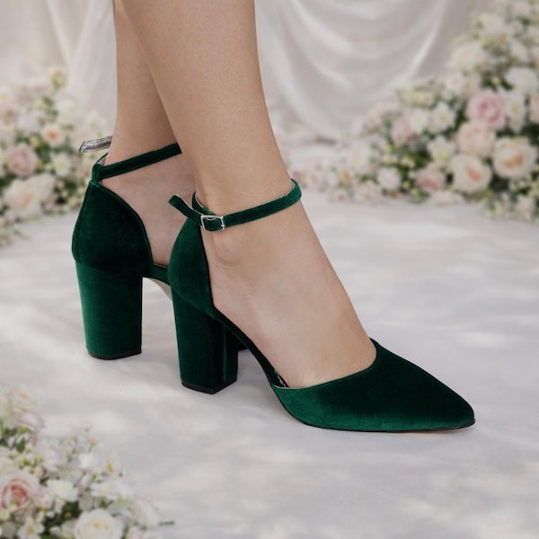 Emerald Green Velvet Block Heel Pumps: Handmade Ankle Strap Shoes