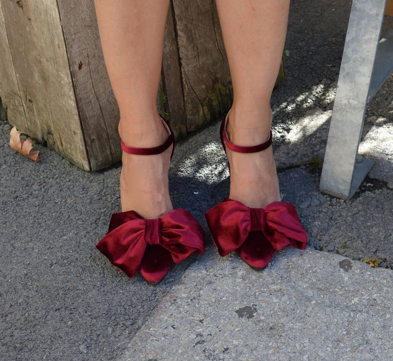 Dark Red Velvet Block Heels Velvet Bow Heels Burgundy Velvet - Etsy