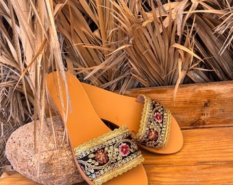 Boho Leather Slides: Ethnic Decorated Greek Sandals