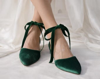 Emerald Green Velvet Ballet Flats: Ankle Tie Ribbon Shoes