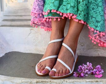 Handmade White Leather Greek Sandals: Strappy Toe Ring Flats ATHENA