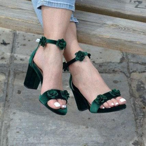 Tacones de bloque de terciopelo verde esmeralda, sandalias de boda