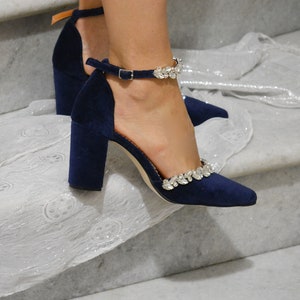 Dark Blue Block Heels, Pointed Toe Blue Heels, Blue Raf Pumps, Crystal ...