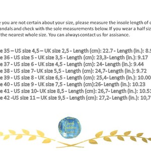 May include: White background with text detailing sandal size conversions. Includes EU, US, and UK sizes, along with lengths in centimeters and inches. The text advises measuring the insole and ordering the nearest whole size.