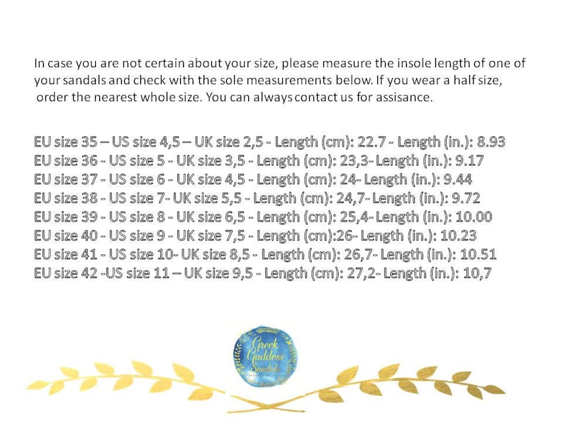 May include: White background with text detailing sandal size conversions. Includes EU, US, and UK sizes, along with lengths in centimeters and inches. The text advises measuring the insole and ordering the nearest whole size.