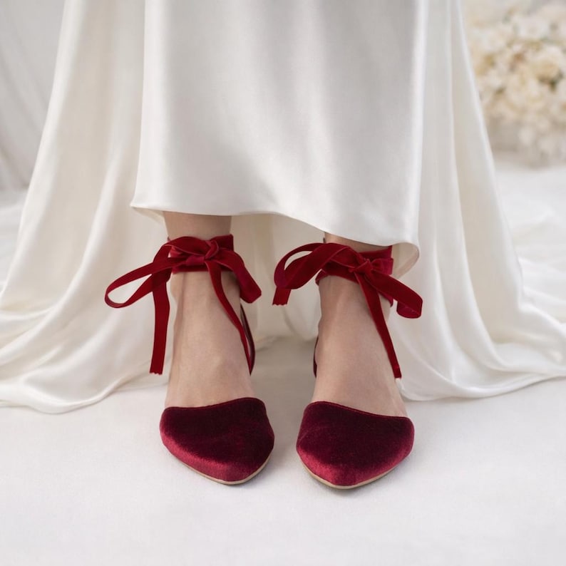 Handmade Burgundy Velvet Ballet Flats: Ankle Tie Ribbon Shoes image 1