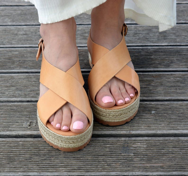 Greek Sandals, Espadrilles Sandals, Leather Flatform Sandals, Criss Cross Sandals, Slingback Platform Sandals ''Naxos'' image 2
