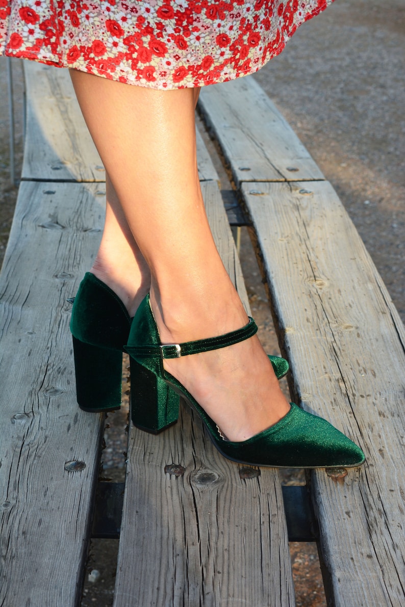 Emerald Green Velvet Block Heels Pointed Toe Green Heels Etsy