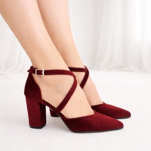 Handmade Dark Red Velvet Block Heel Pumps: 'Queen's Gambit' Bridal Shoes
