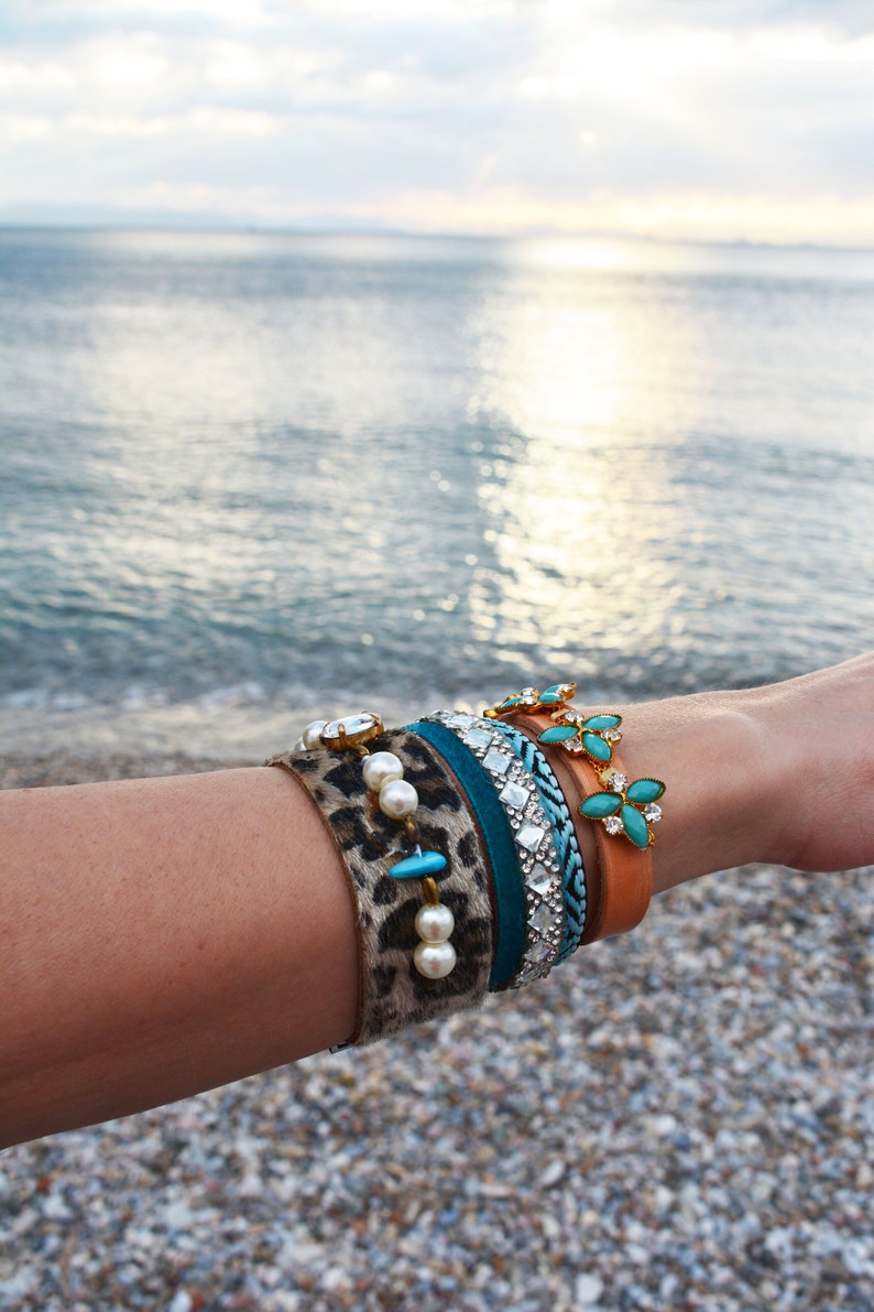Stacking Bracelets Boho Chic Bracelets Women/'s Bracelet Cuff Blue Summer Bracelet Leather Bangle Bracelets Leather Wristband Bracelet