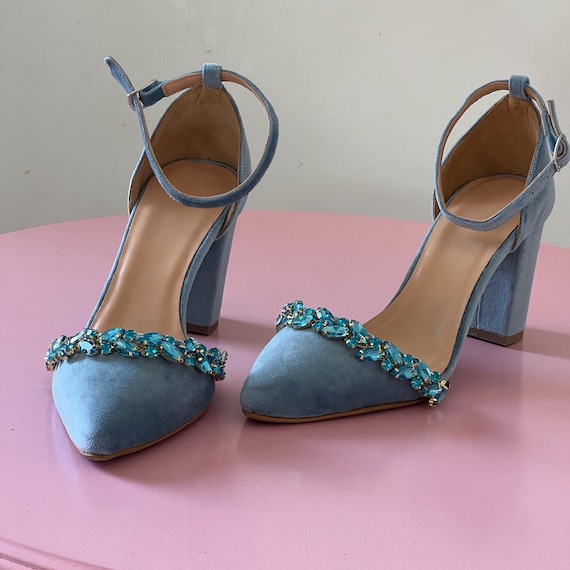 Light Blue Blue Velvet Block Heels Forever Soles Blue Velvet