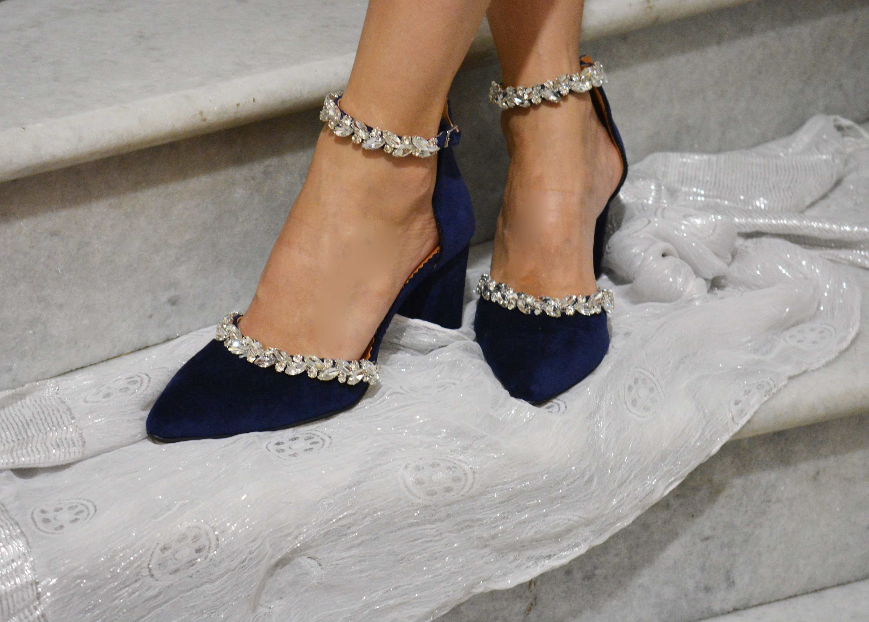 Navy blue top embellished heels
