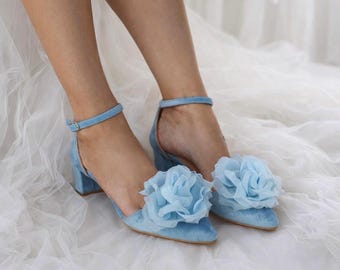 Light Blue Velvet Flower Heels: Handmade Bridal Block Heel Shoes ''Celeste''