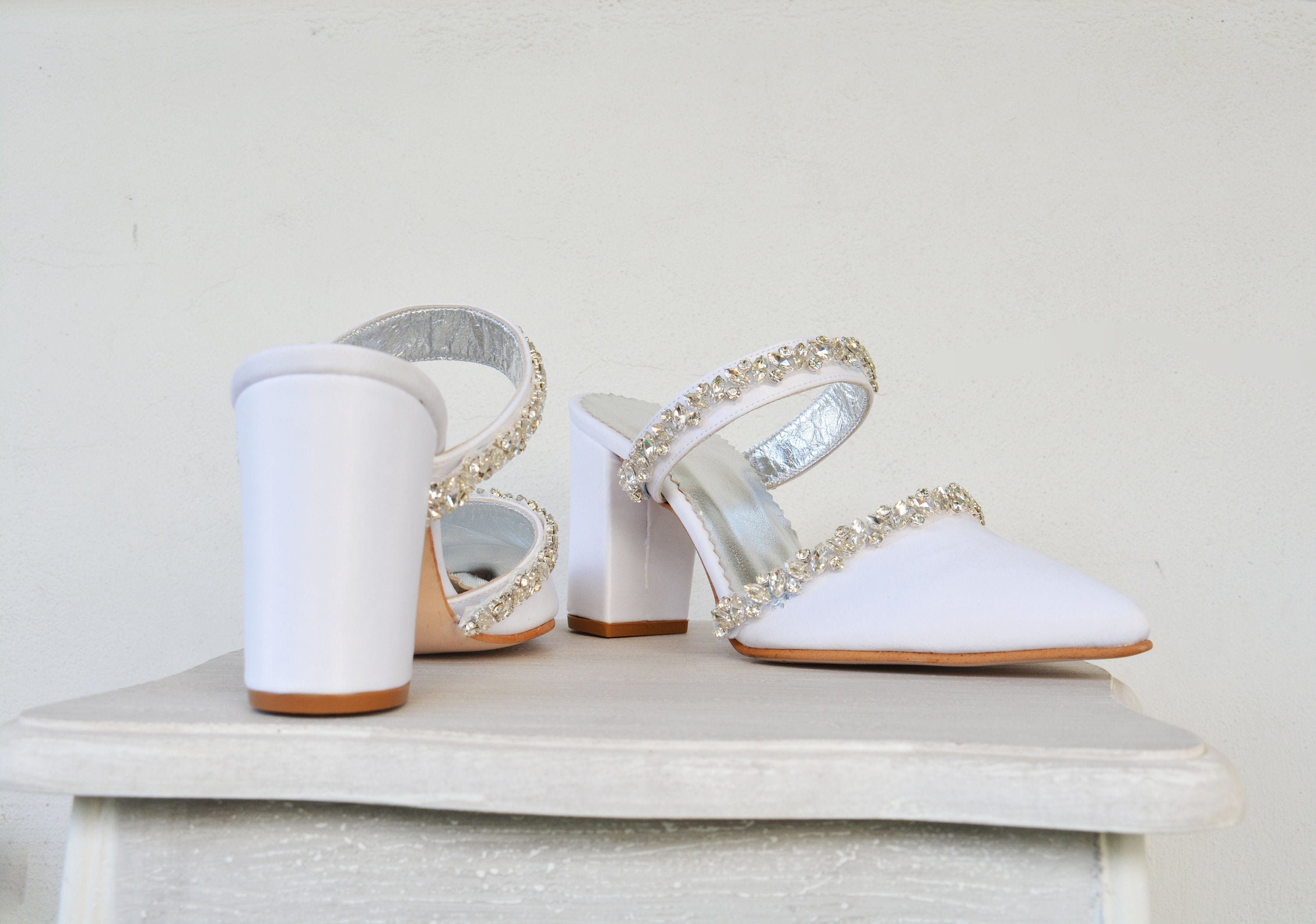 satin white block heel