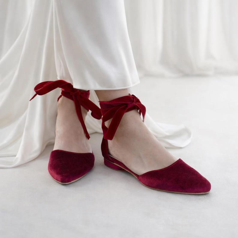 Handmade Burgundy Velvet Ballet Flats: Ankle Tie Ribbon Shoes image 2