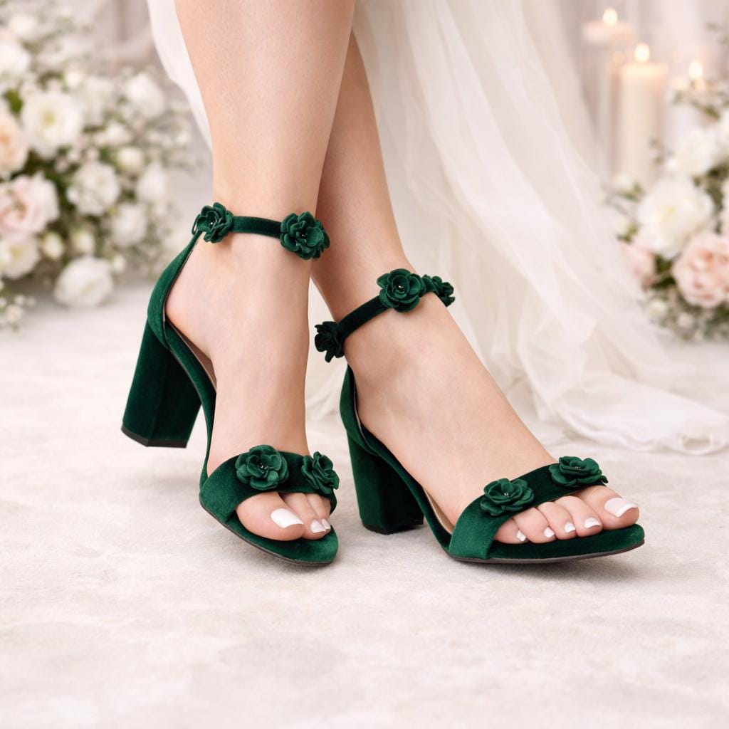 Emerald Green Velvet Block Heel Sandals: Satin Flower Wedding Shoes
