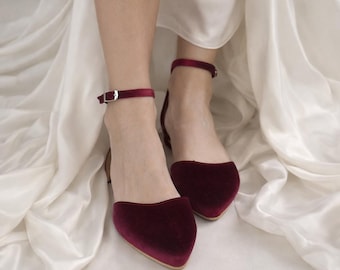 Handmade Ruby Red Velvet Ballet Flats: Ankle Strap Wedding Pumps