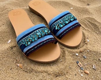 Ethnic Leather Sandals: Handmade Boho Rhinestone Slides BLUE LAGOON
