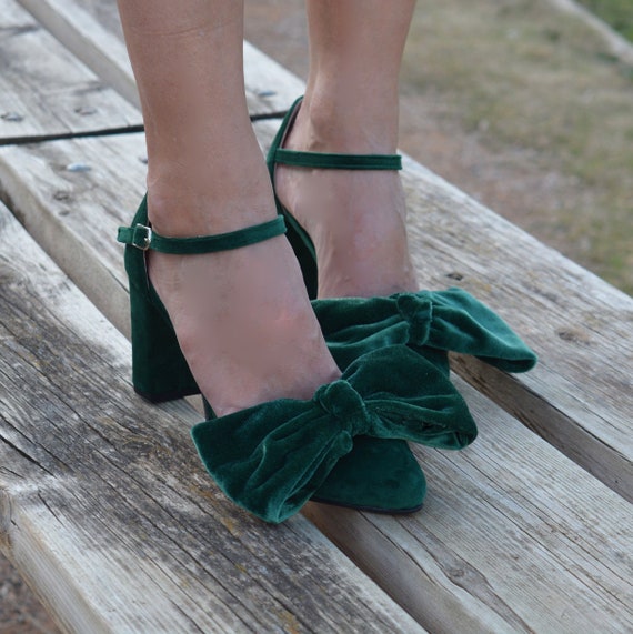 Emerald Green Velvet Block Heels Velvet Bow Heels Dark Green Pumps Green Wedding Shoes Green Bridal Shoes Velvet Pumps maddie Etsy
