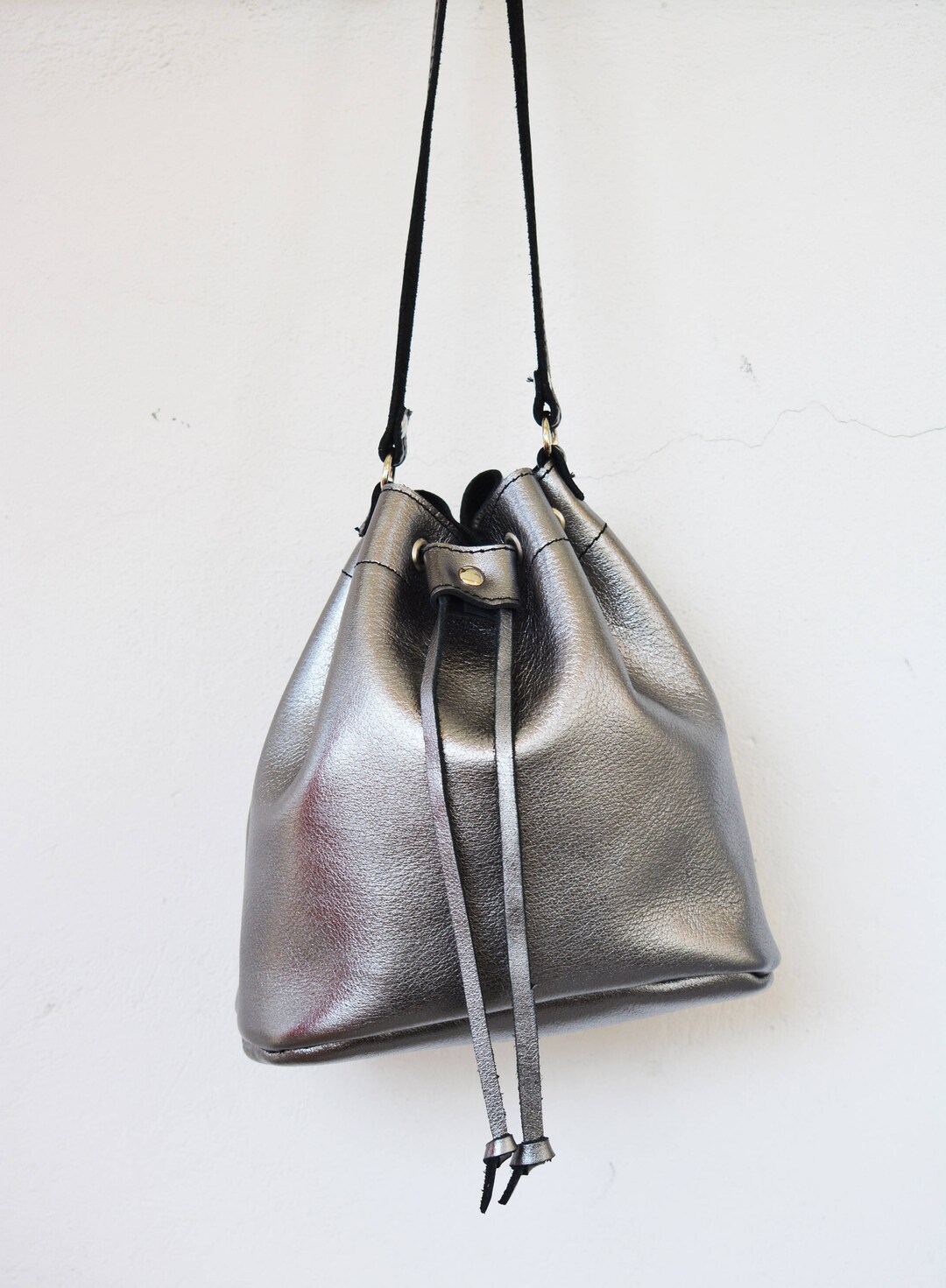 Metallic Grey Leather Bucket Bag: Small Crossbody Pouch, Made in