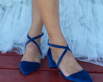Dark Blue Velvet Wedding Shoes: Criss Cross Block Heels