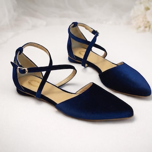 Blue Velvet Ballet Flats: Handmade Leather Criss Cross Pumps