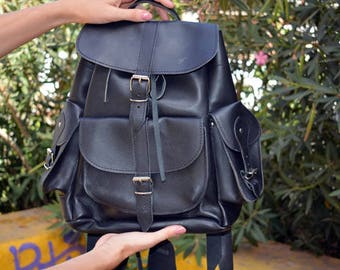 Black Backpack, Black Leather Backpack, Quality Leather Rucksack, Large Travel Backpack, Handcrafted in Greece, 5 colors