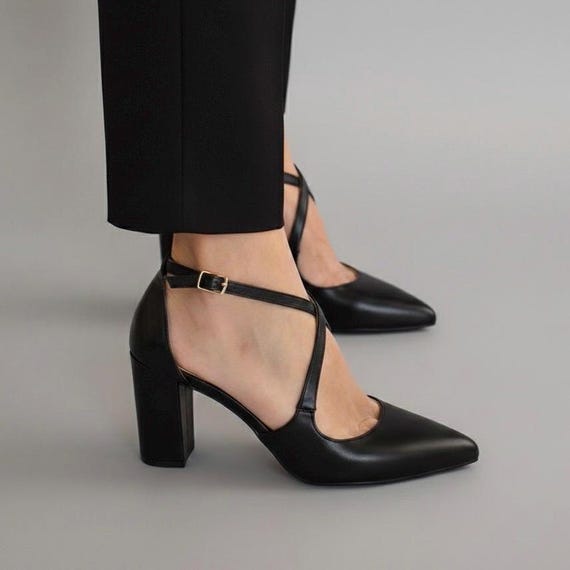 Black Leather Block Heel Pumps, Elegant Evening Shoes for Women, Black Criss Cross Strap Heels, Black Wedding Guest Heels, Comfortable Heels