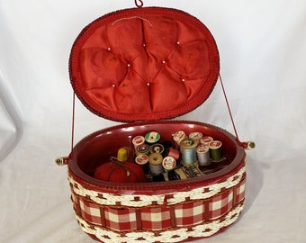 1980s Shabby Chic Red Gingham Sewing Basket & Supplies