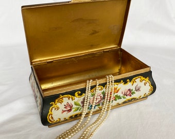 1980s Coffret Hollandais Black and Gold Floral Jewelry Box / Trinket Tin