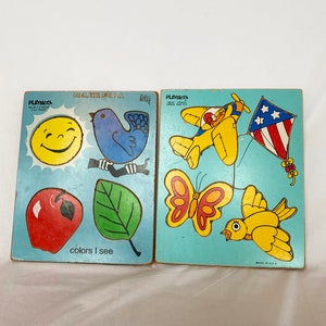 1960s Playskool &quot;Colors I See&quot; & &quot;Things That Fly&quot; Wooden Jigsaw Puzzles Set of 2