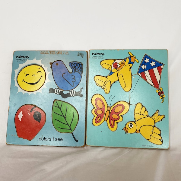 Jaren 1960 Playskool "Kleuren die ik zie" & "Dingen die vliegen" Houten legpuzzels Set van 2