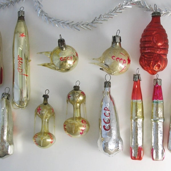 One Space ROCKET SATELLITE Rare Vintage Russian Christmas Glass Ornament Xmas Silver Red Gold Decor New Year decor Soviet USSR