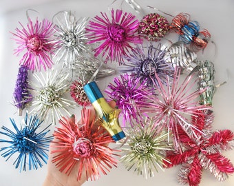 TINSEL- Vintage Christmas Tree Ornaments, Retro Home Decor, Xmas Winter Holiday Gift - Decoration: Cone Flower Snowflake, Pink Blue Silver
