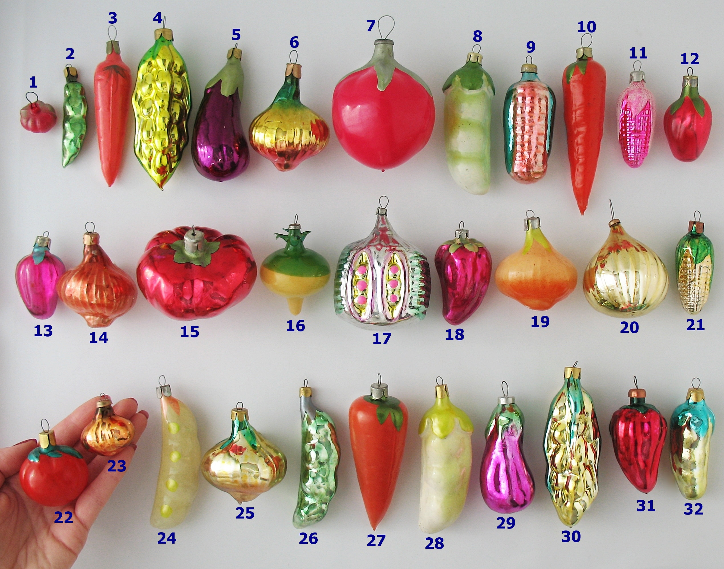 Vegetables- Glass Vintage Christmas Tree Ornaments, Retro Silver