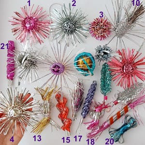 TINSEL- Vintage Christmas Tree Ornaments, Retro Home Decor, Xmas Winter Holiday Gift - Decoration: Cone Flower Snowflake, Pink Blue Silver
