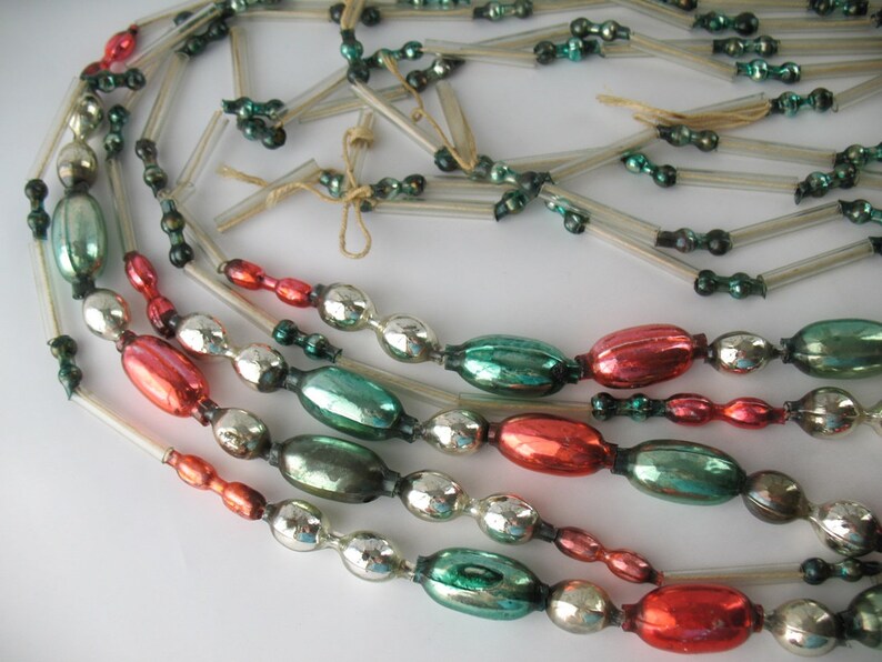 Mercury Glass bugle beads GARLAND Vintage Xmas Silver Red Etsy