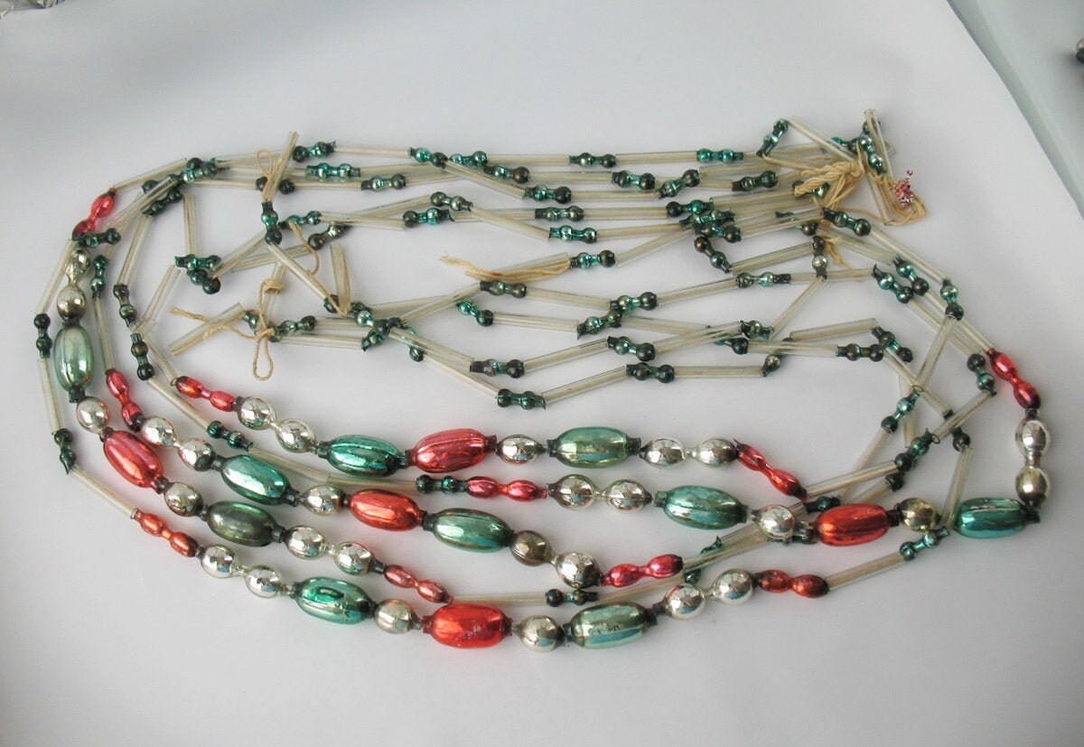 Mercury Glass bugle beads GARLAND Vintage Xmas Silver Red Etsy