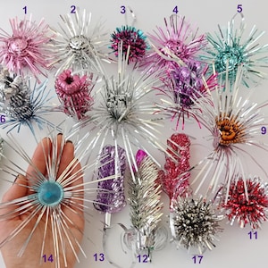TINSEL- Vintage Christmas Tree Ornaments, Retro Home Decor, Xmas Winter Holiday Gift - Decoration: Cone Flower Snowflake, Pink Blue Silver