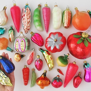 VEGETABLES- Vintage Christmas Tree Ornaments, Retro Silver-Mercury glass Home Decor, Xmas Holiday Gift- Decoration: Peas Carrot Onion Tomato