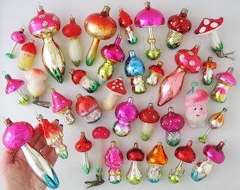 MUSHROOM- Glass Vintage Christmas Tree Ornaments, Xmas Silver-Mercury Goblincore Home Decor, RETRO Holiday Gift Decoration, Amanita Red Pink