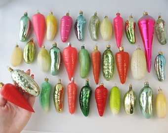 Cucumber, Carrot- Glass Vintage Christmas Ornaments, Retro Home Decor, Xmas Holiday Gift, Pink Green Silver-Mercury Pickles Tree Decoration