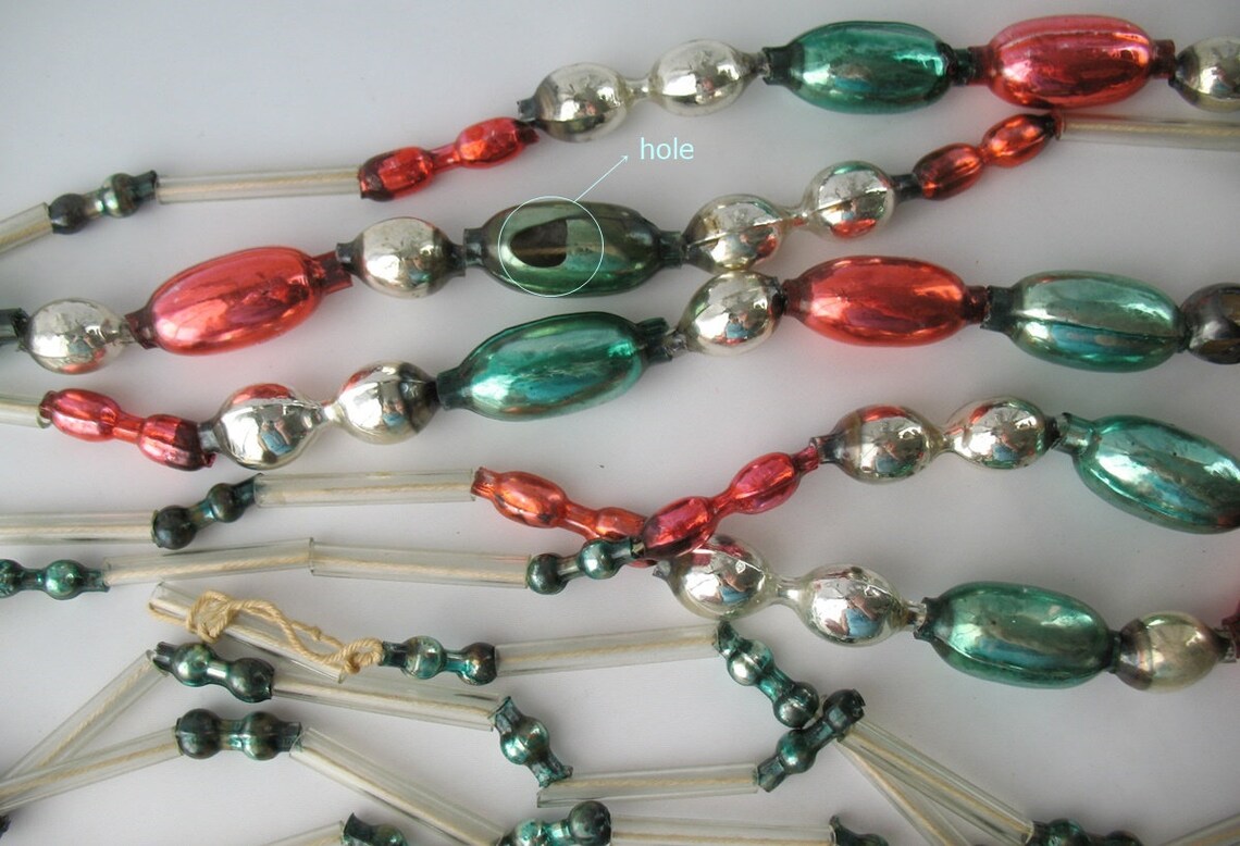 Mercury Glass bugle beads GARLAND Vintage Xmas Silver Red Etsy