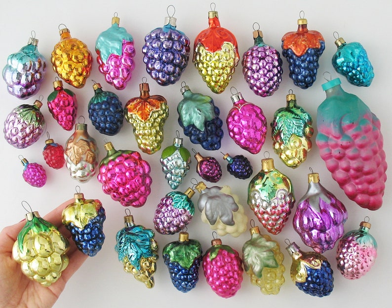 GRAPE glass Vintage Christmas Tree Ornaments, Retro Silver-Mercury Home Decor, Xmas Holiday Gift Decoration: Berry Blue Purple Pink Fruit image 1