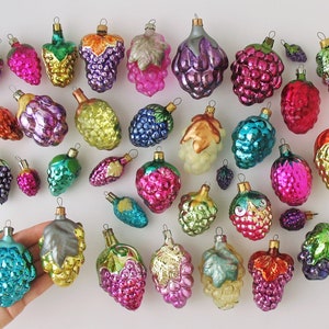 Grape- glass Vintage Christmas Tree Ornaments, Retro Silver-Mercury Home Decor, Xmas Holiday Gift- Decoration: Berry Blue Purple Pink Fruit